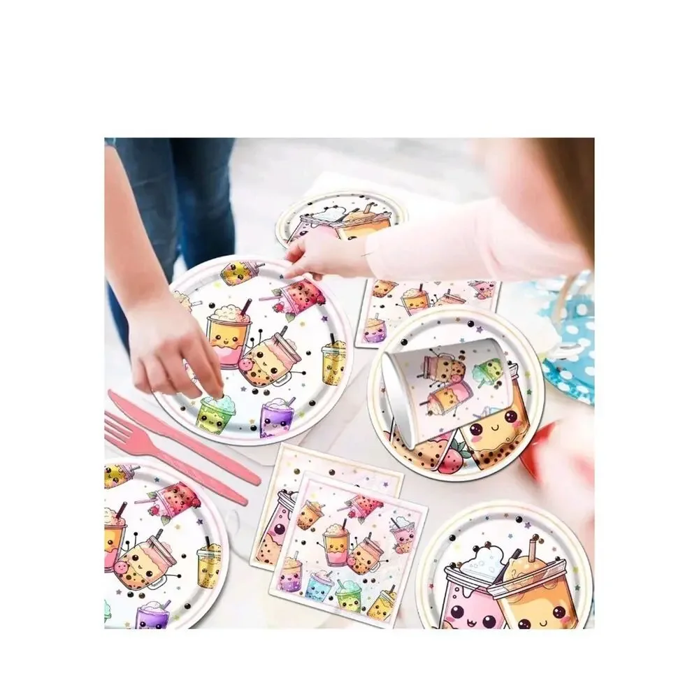 Boba Tea Party Decorations,Bubble Tea Birthday Tableware Set Include Plates Cups